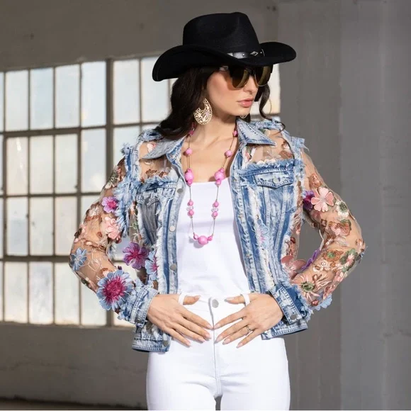 Floral Embroidered Denim Jacket with Sheer Sleeves